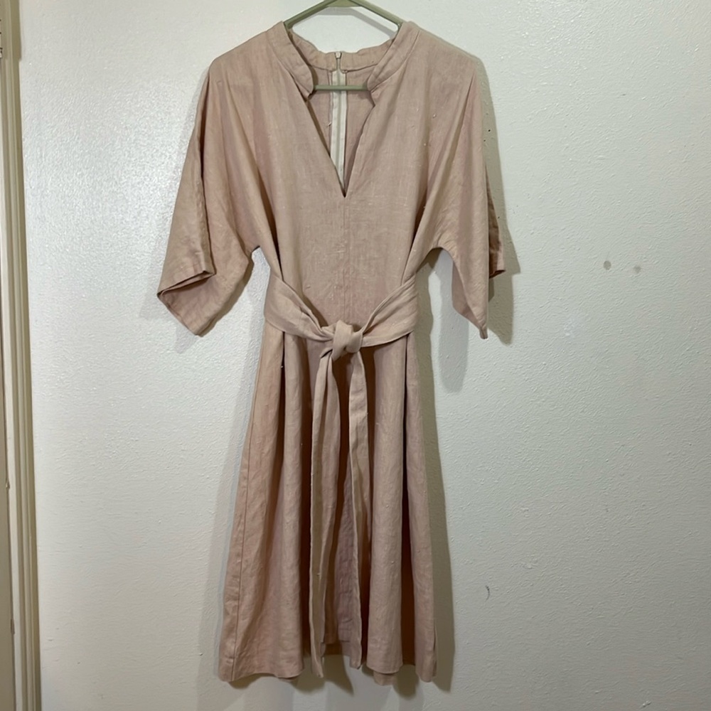 Eve Francis Boutique light peach linen, midi dress. Size Medium.